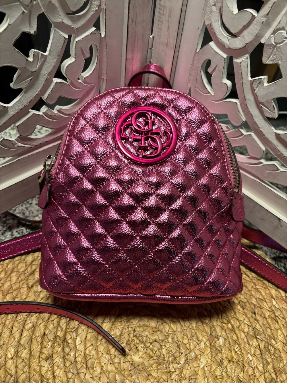 Guess Metallic Quilted Mini Backpack - Magenta with gift set - Picture 12 of 14